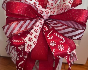 Red & White Peppermint Christmas Bow, Candy Cane Holiday Wreath, Lantern Bow, Tree Topper Bow, Lamppost Bow