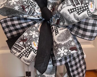 Black & White Snowman Christmas Bow, Farmhouse Bow, Buffalo Plaid Holiday Décor, Snowman Bow, Black and White Buffalo Plaid Farmhouse Bow