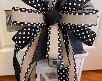 Everyday Wreath Bow, Tan and Black Bow, Black Polka Dot Wreath Bow, Lantern Bow, Lamppost Bow, Mailbox Bow, Farmhouse Bow, Gift for New Home