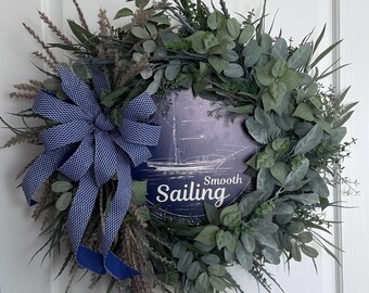 Nautical Sailboat Wreath, Coastal Decor, Lake House Wreath, Beach House Decor