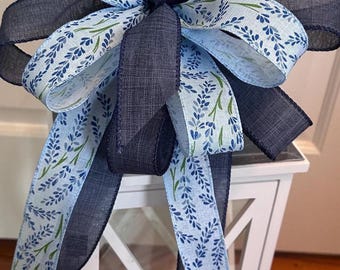 Blue Floral Bow for Wreath, Coastal Bow, Floral Accent Bow, Lamppost Bow, Mailbox Bow, Tree Top Bow, Gift for Mom, Gift for New Home