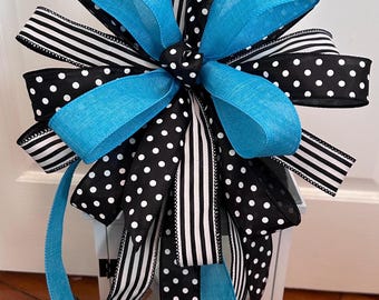 Everyday Wreath Bow, Black and White Bow, Black Polka Dot Wreath Bow, Lantern Bow, Lamppost Bow, Mailbox Bow, Teal Wreath Bow, Gift for Mom