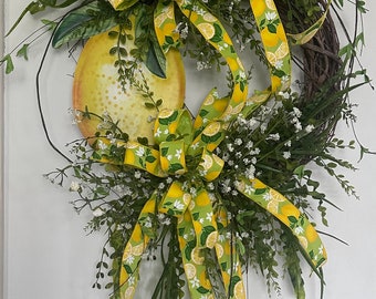 Large Designer Lemon Grapevine Wreath for Front Door, Elegant Bright Yellow and White Artificial Summer Outdoor Wreath, Silk Flower Wreath