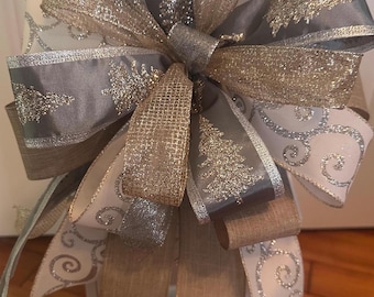Elegant Silver & Champagne Christmas Bow, Lantern Bow, Tree Topper, Wreath Bow, Mailbox Bow, Gift for Her, Gift for Mom