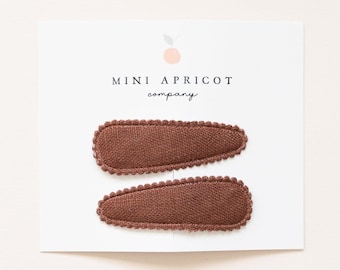 SET of 2 BROWN snap clips, baby girl hair clips, girl hair accessory, toddler hair clip, fringe clip, soft hair clip, linen hair clip