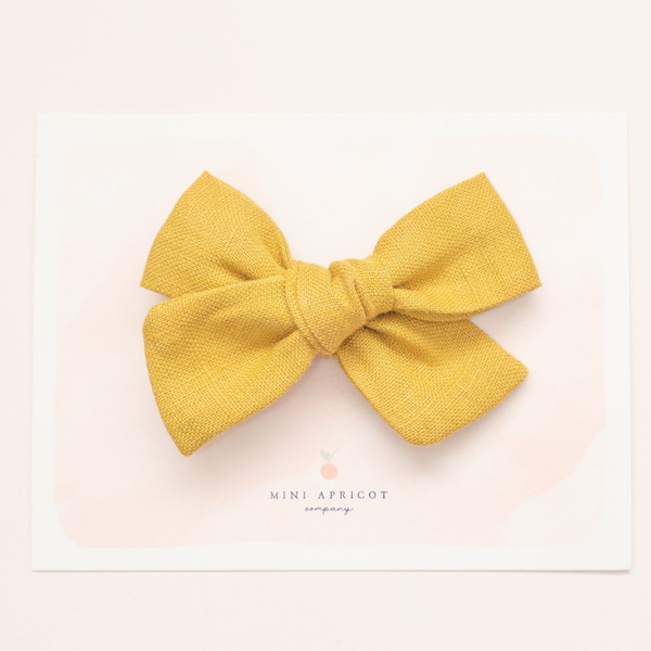 NEW** MUSTARD YELLOW linen baby hair bow, oatmeal baby bow , newborn bow, girl bow, pinwheel bow, baby headband, nylon hair bow