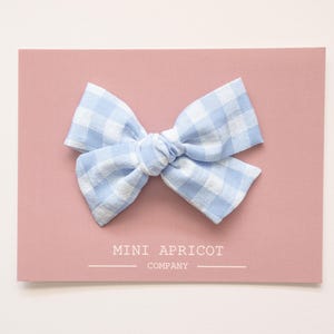 NEW** BLUE PLAID gingham cotton baby hair bow, blue baby bow , toddler hair clip, girl bow, pinwheel bow, baby headband, nylon hair bow
