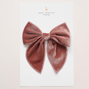 May include: A large dusty rose velvet bow hair clip. The bow is tied in a classic shape with two long tails.