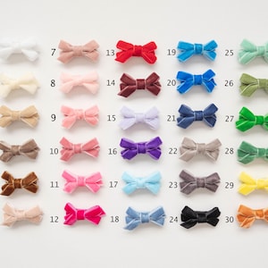 May include: A collection of 30 velvet bows in various colors, including white, pink, red, blue, green, and brown. Each bow is neatly arranged and numbered, offering a wide selection for crafting or accessorizing.