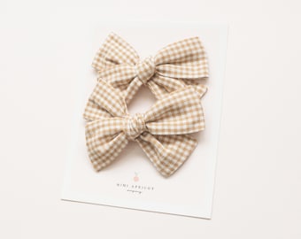 BROWN PLAID GINGHAM pigtail bow set: Set of 2 piggy toddler girl pinwheel hair bows