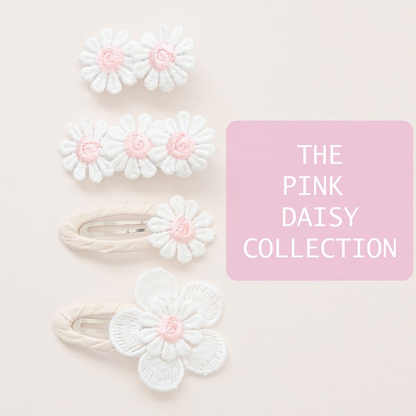 NEW** PINK DAISY collection of hair clips, baby girl hair clips, girl hair accessory, toddler hair clip, fringe clip, pigtail hair clips