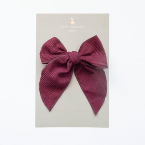 Peut inclure: Un nœud papillon en velours côtelé bordeaux sur une carte grise clair. Le nœud est noué au centre et a de longues extrémités fluides. La carte porte le texte "MINI APRICOT" et une petite illustration d'abricot.