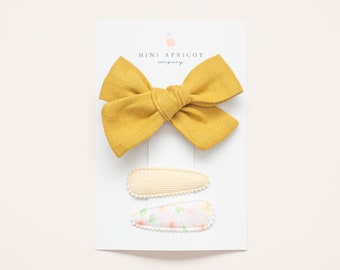 NOUVEAU** Nœud en lin JAUNE MOUTARDE et 2 pinces à tissu, pinces à cheveux pour bébé fille, accessoire pour cheveux pour fille, pince à cheveux pour tout-petit, nœud à moulinet, serre-tête pour bébé