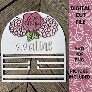 Bow Holder SVG, Floral Bow Holder Digital File, Laser Cut File, Glowforge SVG, Girls Room Bow Holder Sign, PDF, 3D Flower Bow Holder Sign