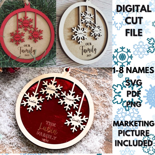 Family Ornament SVG, Snowflake Family Ornament Cut File, Christmas Family Ornament Laser File, Custom Ornament SVG, Glowforge Christmas File