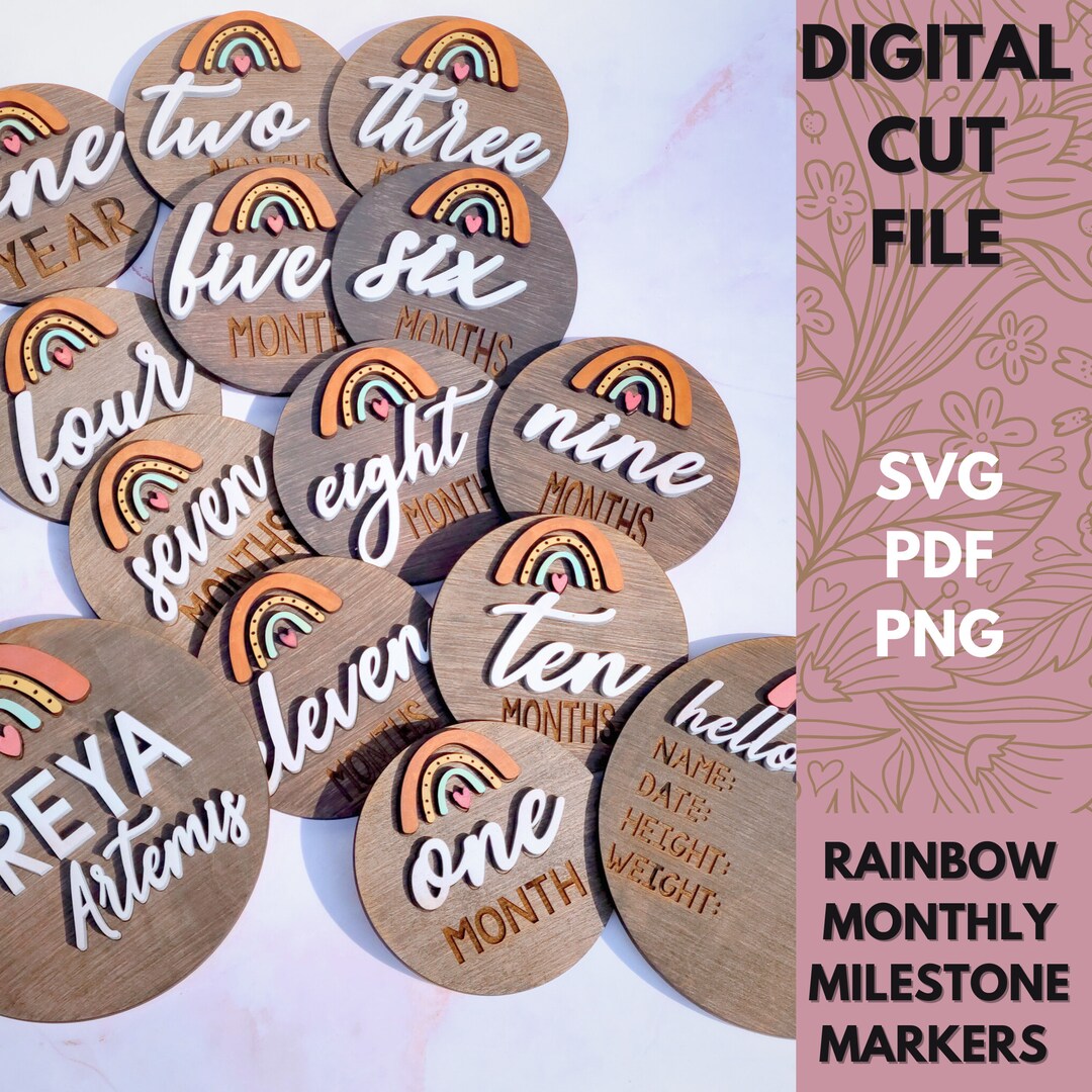 Rainbow Milestone Markers SVG, Boho Monthly Markers Digital File, Laser ...