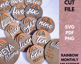 Rainbow Milestone Markers SVG, Boho Monthly Markers Digital File, Laser ...