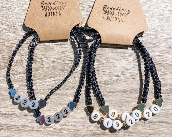 Personalized Number Bracelet, Custom Date, Waxed String Adjustable Bracelet