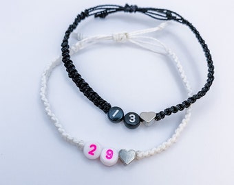Personalized Number & Date Adjustable Bracelet, Custom Number Bracelet, Adjustable Bracelet, Waxed String