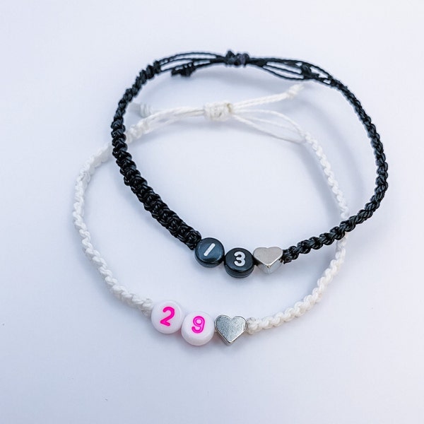 Personalized Number & Date Adjustable Bracelet, Custom Number Bracelet, Adjustable Bracelet, Waxed String