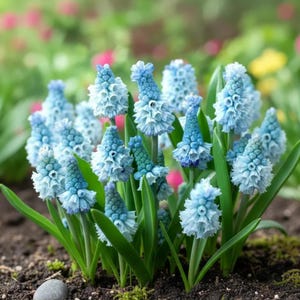 Puede incluir: Primer plano de un grupo de flores de jacinto de uva azul claro con hojas verdes. Las flores tienen una apariencia texturizada distintiva, con forma de cono. El fondo está borroso, con toques de rosa y verde.