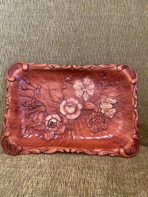 Trays Beautiful Piece Wood Tray Flower Design Mid Century Vintage 1944