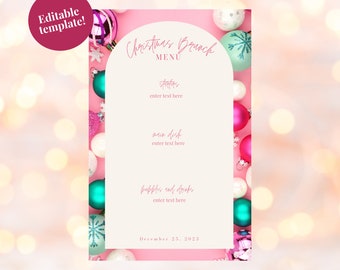 May include: A printable Christmas brunch menu template with a pink background and a white arch. The arch has the text "Christmas Brunch Menu" written in pink script. The background is decorated with ornaments in shades of pink, white, and teal.