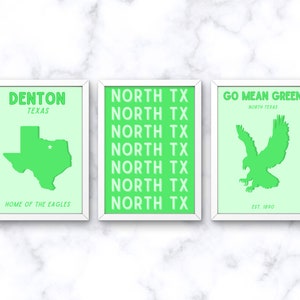 North Texas Wall Art, Green UNT Wall Art, Monochrome Green UNT Dorm Decor, College Wall Art, Digital Files, Pdf Prints