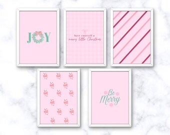 Christmas Wall Prints, Pink Christmas Wall Prints, Set of 5, Downloadable