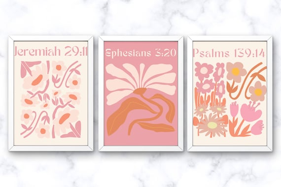 Christian Floral Wall Prints, Retro Christian Wall Art, Girly Christian Wall Art, Set of 3, PRINTABLE