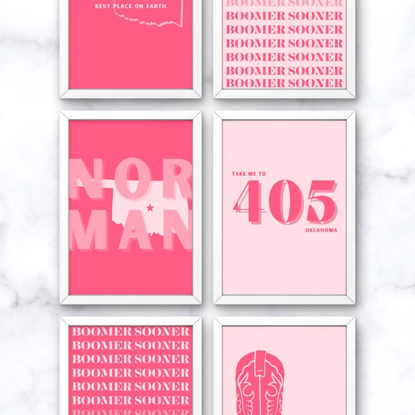 Preppy Pink Oklahoma, Monochrome Pink Oklahoma Prints, Printable Dorm Decor, Digital Download, PDF