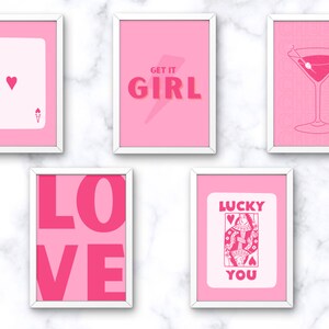 Preppy Pink Wall Art, Girly Pink Wall Art, Set of 5, Pink dorm wall art, PRINTABLE WALL ART