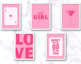 Arte da parete rosa preppy, arte da parete rosa girly, set di 5, arte da parete del dormitorio rosa, arte da parete stampabile