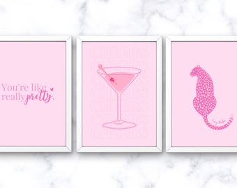 Pink Preppy Girlie Wall Prints, Set of 3, Girly Wall Decor, College Dorm Decor, Preppy Wall Art