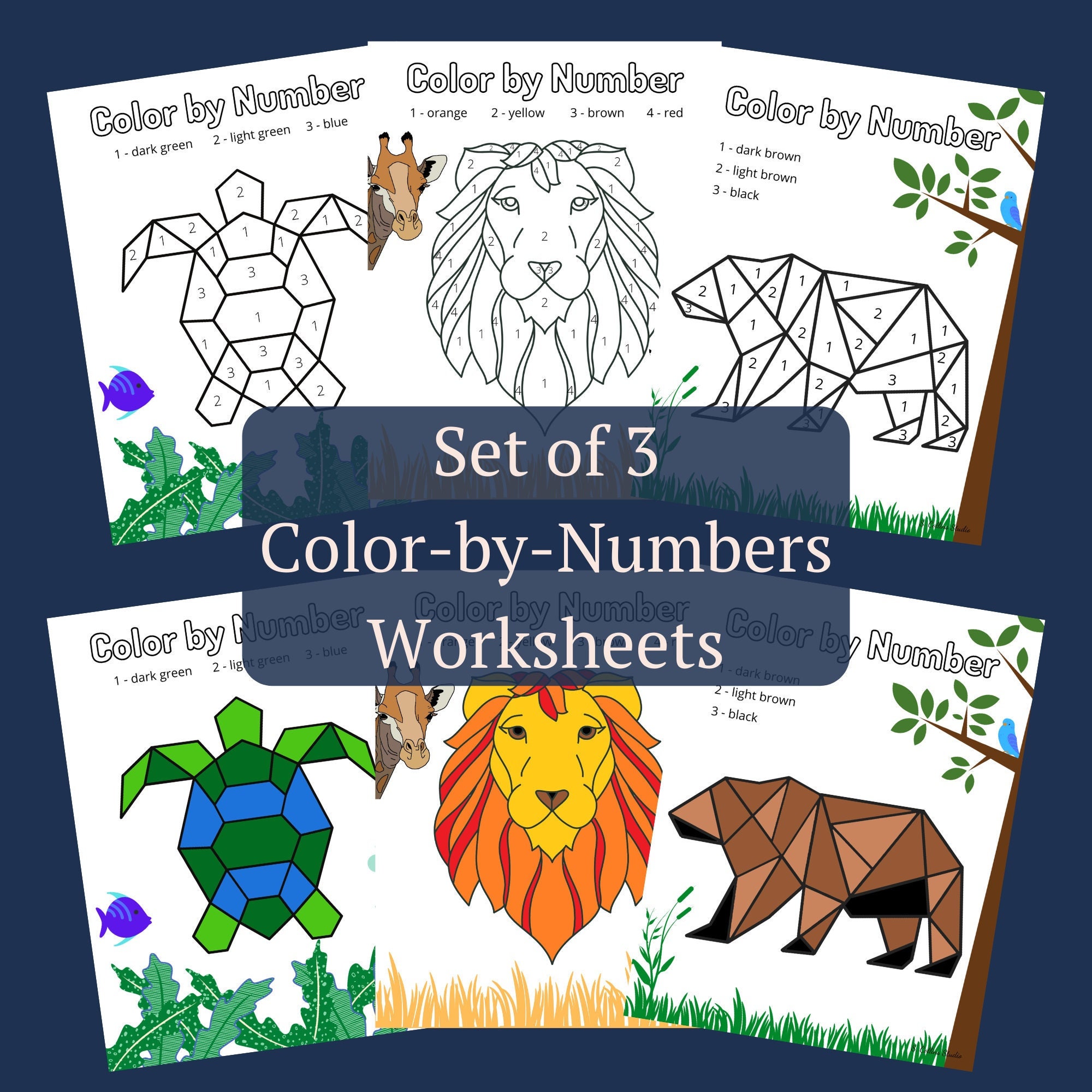 printable color by numbers set animal worksheets digital etsy