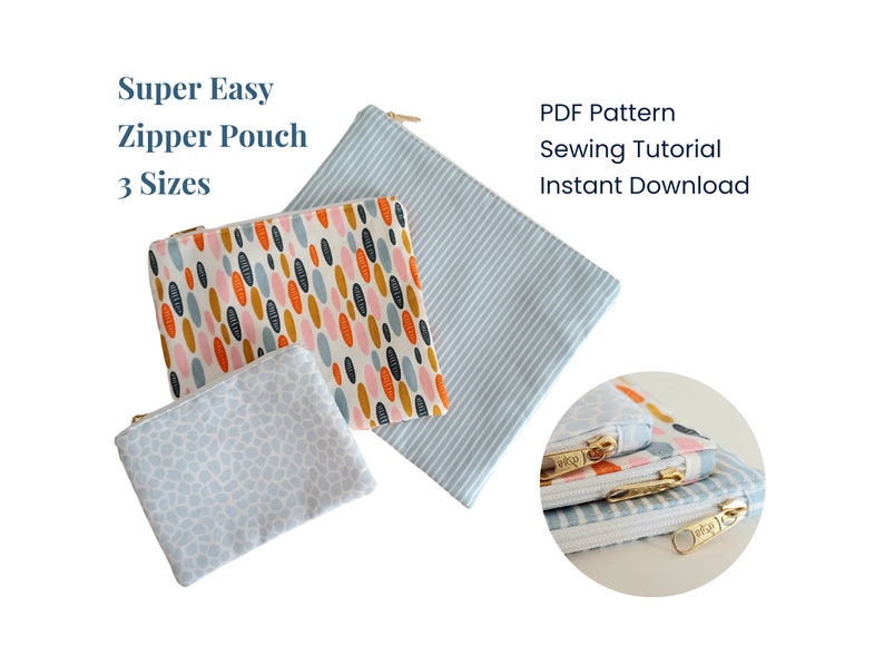 Super Easy Zipper Pouch PDF Sewing Pattern, Small Utility Pouch Sewing Tutorial, Beginner Level Pouch in 3 Sizes Tutorial image 1