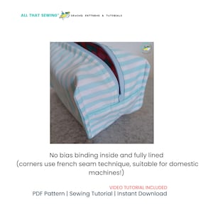 May include: A rectangular, fully lined pouch with a light blue and white striped pattern. The pouch has a zipper closure and is constructed with a French seam technique. The text on the image says "ALL THAT SEWING" and "No bias binding inside and fully lined".