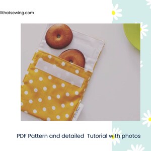 May include: A yellow fabric pouch with white polka dots and a white fabric flap. The pouch is open and two brown round cookies are inside. The text "www.allthatsewing.com" is at the top of the image. The text "PDF Pattern and detailed Tutorial with photos" is at the bottom of the image.