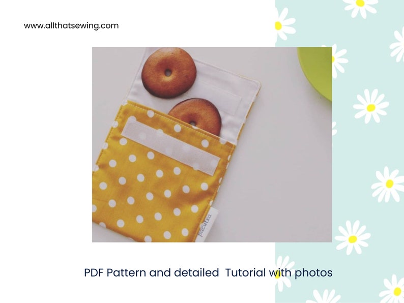May include: A yellow fabric pouch with white polka dots and a white fabric flap. The pouch is open and two brown round cookies are inside. The text "www.allthatsewing.com" is at the top of the image. The text "PDF Pattern and detailed Tutorial with photos" is at the bottom of the image.