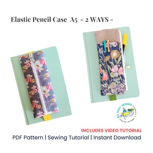 Pode incluir: Duas maneiras de usar um estojo para lápis com estampa floral. O estojo é mostrado em um fundo verde claro. O estojo é mostrado com um zíper e uma banda elástica. O texto "Elastic Pencil Case A5 - 2 WAYS -" está no topo da imagem. O texto "INCLUDES VIDEO TUTORIAL" está na parte inferior da imagem. O texto "PDF Pattern | Sewing Tutorial | Instant Download" está abaixo do texto "INCLUDES VIDEO TUTORIAL".