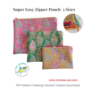 Easy Zipper Pouch PDF Pattern, Flat Zipper Pouch Sewing Pattern, Beginner Sewing with Video