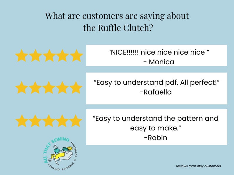 May include: A light blue graphic featuring the text What are customers are saying about the Ruffle Clutch? with three rows of five yellow stars. Each row includes a customer review quote from Monica, Rafaella, and Robin, plus a circular logo.