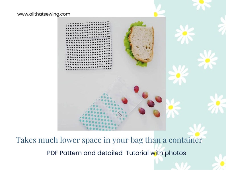 May include: A white fabric with black polka dots and a turquoise fabric with white polka dots. Both fabrics are folded and are used to wrap a sandwich and grapes. The text "Takes much lower space in your bag than a container" is below the image. The text "PDF Pattern and detailed Tutorial with photos" is below the first text.
