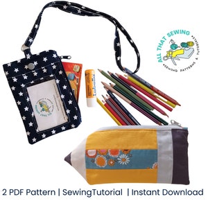 Patrón de estuche para identificación con cremallera y cordón, billetera con cremallera y cordón, estuche para lápices con forma de lápiz, patrón de regreso a la escuela