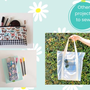 May include: Three different sewing projects: a black and white checked makeup bag with a butterfly print, a floral print pencil case, and a blue and white striped tote bag with a white handle.