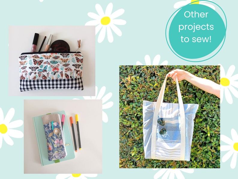 May include: Three different sewing projects: a black and white checked makeup bag with a butterfly print, a floral print pencil case, and a blue and white striped tote bag with a white handle.
