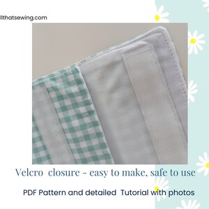 May include: Close-up of a green and white gingham fabric with white velcro sewn on the edge. The text "Velcro closure - easy to make, safe to use" is below the image.