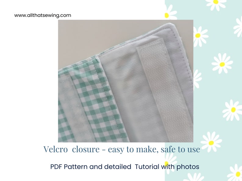 May include: Close-up of a green and white gingham fabric with white velcro sewn on the edge. The text "Velcro closure - easy to make, safe to use" is below the image.
