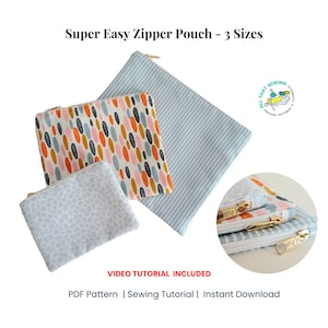 Super Easy Zipper Pouch PDF Sewing Pattern, Small Utility Pouch Sewing Tutorial, Beginner Level Pouch in 3 Sizes Tutorial