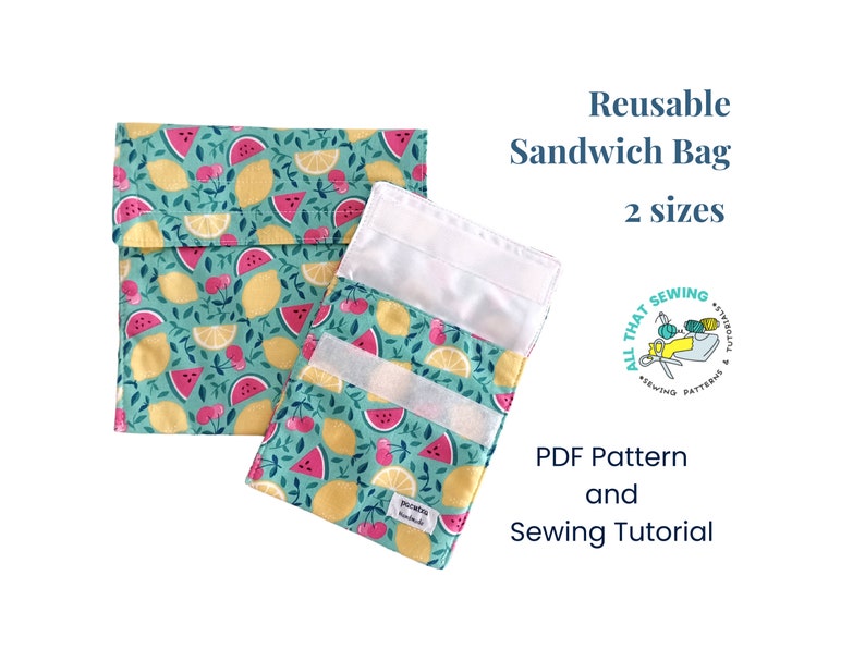 May include: A PDF sewing pattern for a reusable sandwich bag with a watermelon and lemon print. The pattern includes a sewing tutorial and is available in two sizes. The pattern is from All That Sewing.
